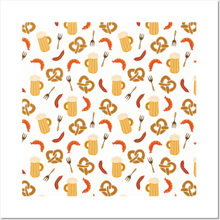 Oktoberfest print. Beer, sausages, pretzels and forks Posters and Art